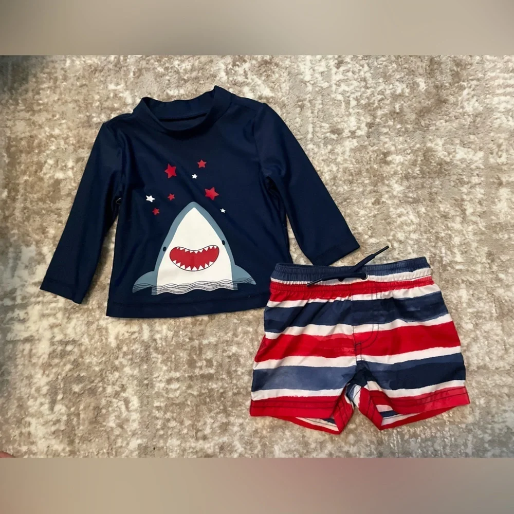Carter's Navy and Red Shark Rashguard Set size 6M